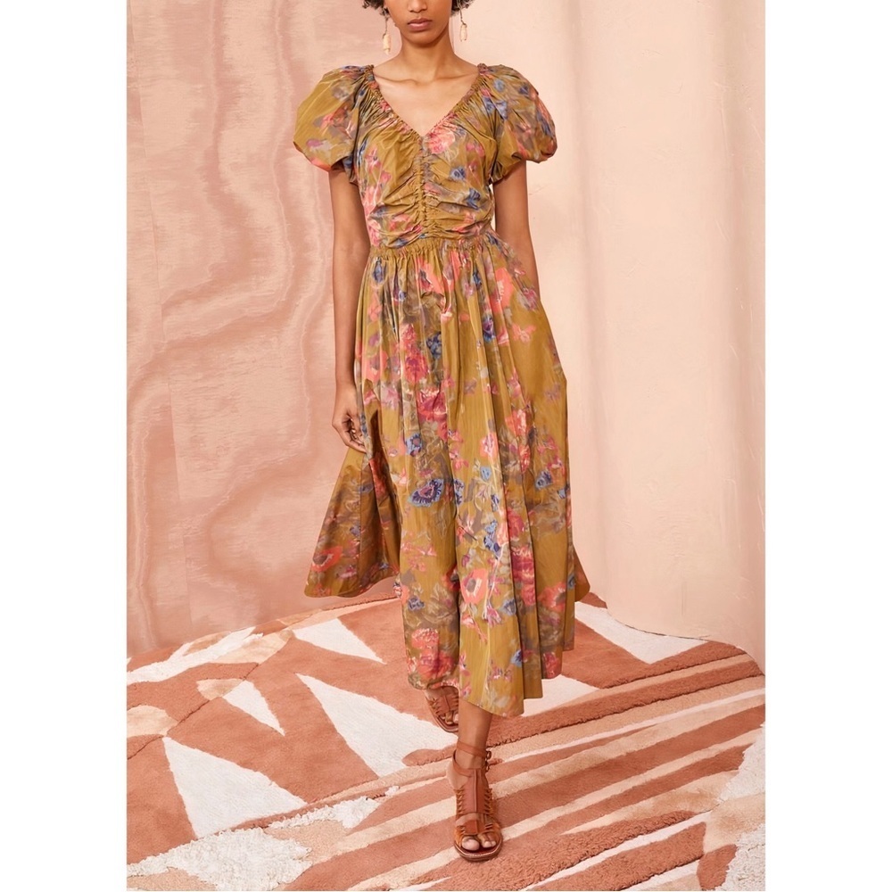 NWOT Ulla Johnson Midi Green Puff-Sleeve Floral Cecile Dress